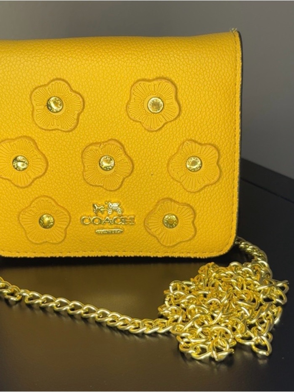 COACH Yellow Floral Appliqué Pebbled Leather Crossbody with Gold Chain